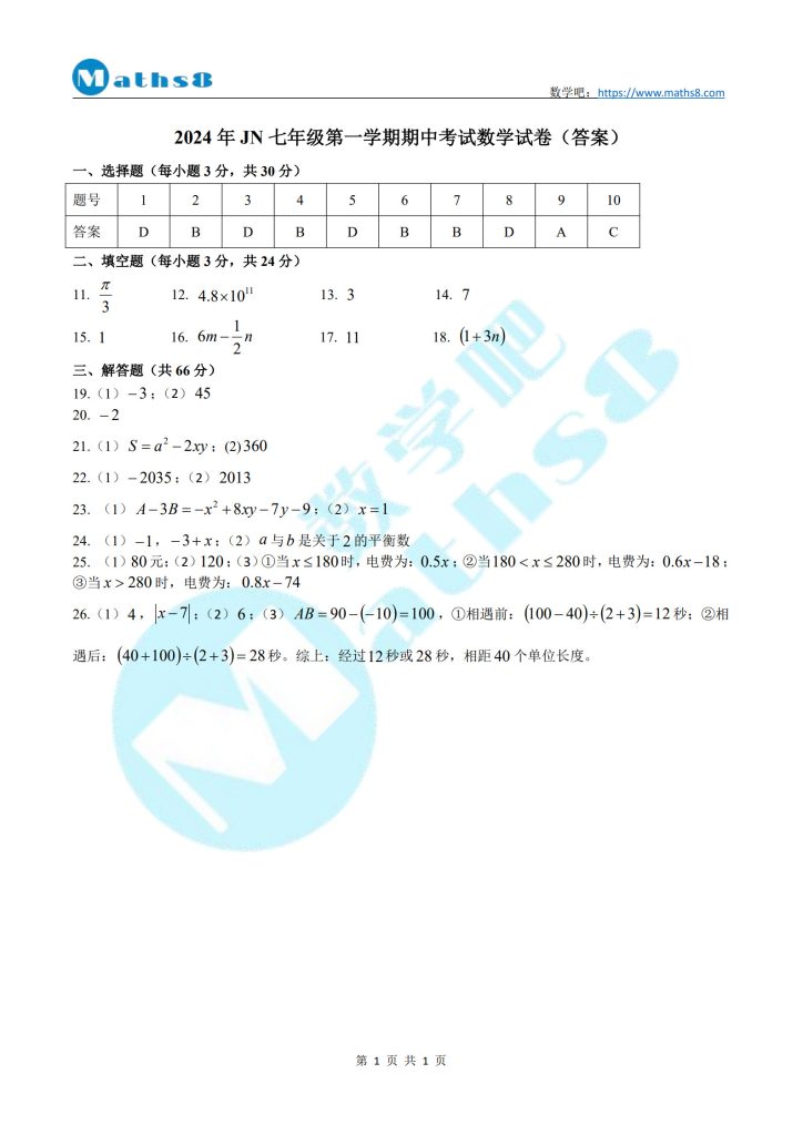 2024年JN七年级第一学期期中考试数学试卷